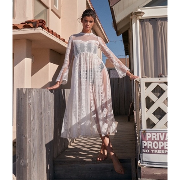 Boho Vintage Sheer Lace Midi Dress Flare Sleeves - Picture 5 of 8